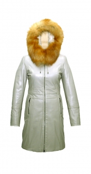 Пальто кожаное с капюшоном на овчине 13141