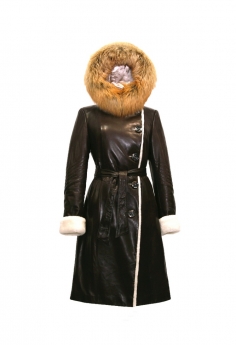 Пальто кожаное на овчине женское  с капюшоном K9028-1R-6004-L301