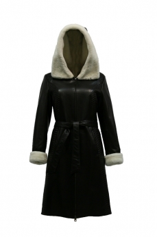 Пальто кожаное на овчине женское  с капюшоном 519-4-PZ-4